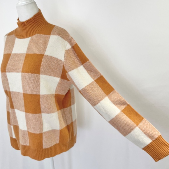 New Callahan Gingham Plaid Knit Mock Neck Sweater Orange Ivory Size Medium - Picture 7 of 13